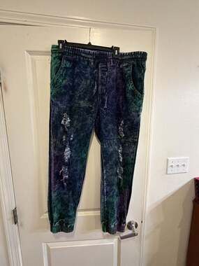 Thrill Jeans Womens 1X Acid Wash Distressed Joggers Multi Color Tie Dye Denim